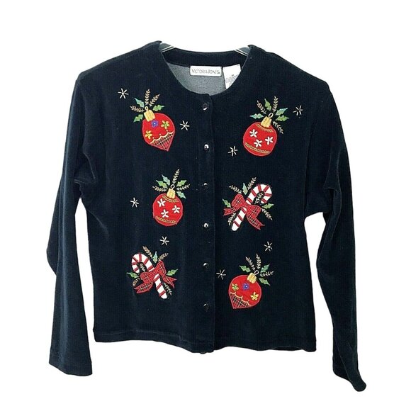 Victoria Jones Christmas Cardigan Sweater Black Velour Applique Holiday Medium - Picture 1 of 10